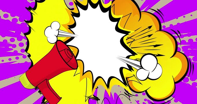 Cartoon Megaphone with blank speech bubble, comic book announcement, attention concept video. Retro comics pop art animation.