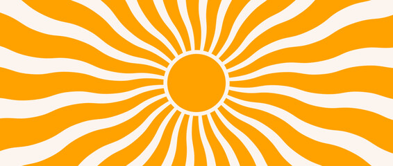 Obraz na płótnie Canvas Abstract boho sun burst background. Groovy summer wavy ray wallpaper. Retro radial sunshine beam backdrop. Yellow orange circle sun patten for creative poster, vibrant banner, trendy flyer. Vector