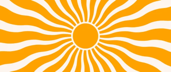 Abstract boho sun burst background. Groovy summer wavy ray wallpaper. Retro radial sunshine beam backdrop. Yellow orange circle sun patten for creative poster, vibrant banner, trendy flyer. Vector © vika_k