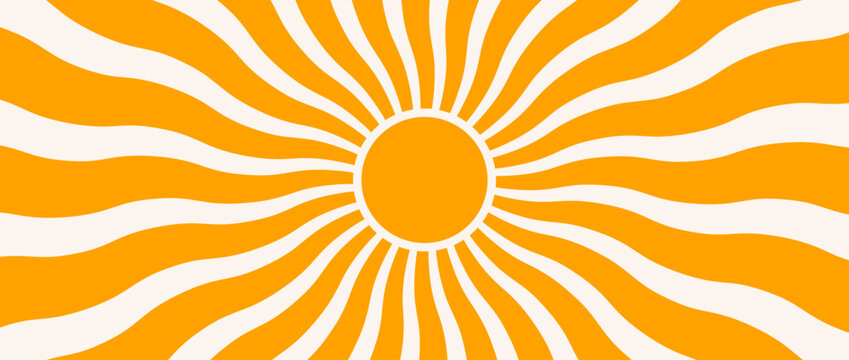Abstract boho sun burst background. Groovy summer wavy ray wallpaper. Retro radial sunshine beam backdrop. Yellow orange circle sun patten for creative poster, vibrant banner, trendy flyer. Vector
