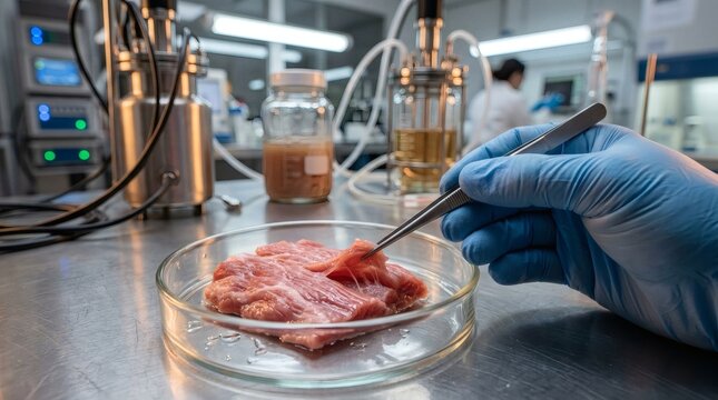 A scientist in blue gloves meticulously examines cultivated meat in a petri dish, symbolizing innovation in cellular agriculture and future food technology.
