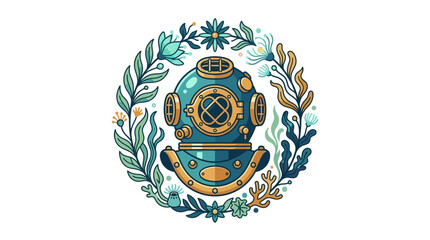 Obraz premium Retro-Modern Diving Helmet Emblem with Deep Sea Flora