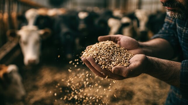 Farmer holding grain with cows in background