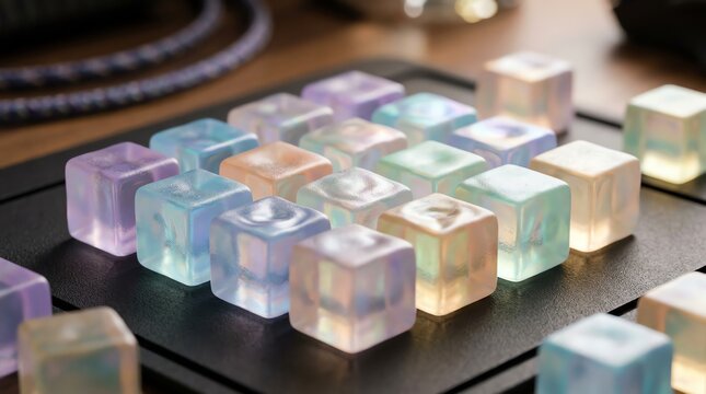 Iridescent cube keycaps on black desk mat
