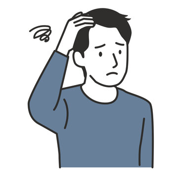 Young man worrying about thinning hair and hair loss, scalp care and AGA treatment flat vector illustration
