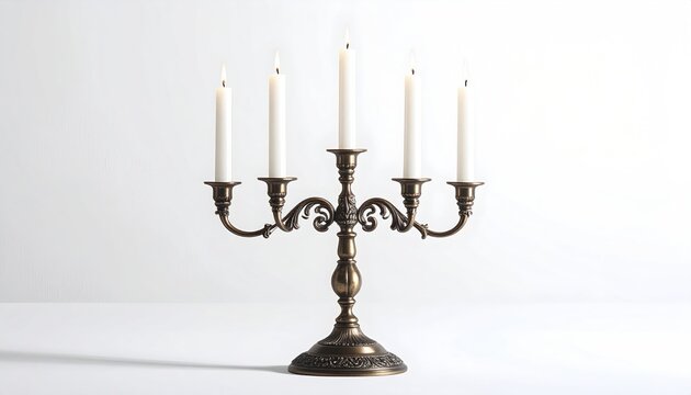 Ornate metal candelabra with five lit white candles on a white surface