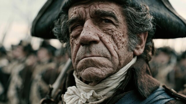 Weathered older male soldier wearing a tricorne hat and period military uniform with a white neckerchief