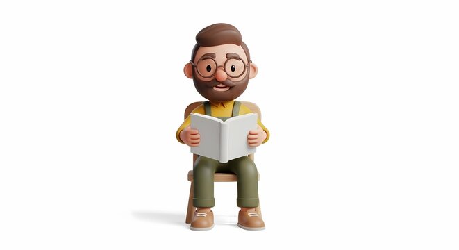 3D Cartoon Man with Glasses and Beard Sitting on a Chair Reading a White Book Isolated on White Background for Education and Hobby