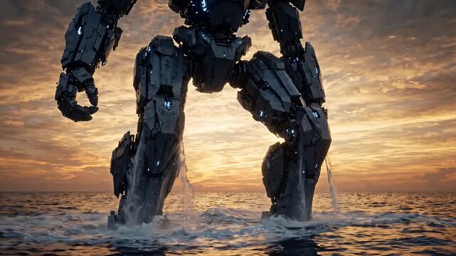 Giant Robot Emerges from Water at Sunset - A colossal robotic machine rises from the ocean as the sun sets, its massive legs submerged and creating dramatic waterfalls.