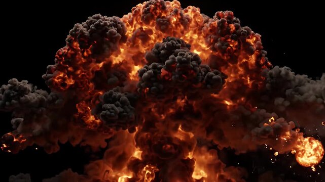 Fiery Explosion Cloud Ignition VFX - A powerful, intense explosion erupts with a bright ignition at its core, forming a massive cloud of smoke and fire against a dark background.