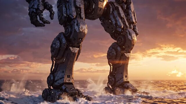 Giant Robot Emerges From Water At Sunset - A colossal, metallic robot rises from the ocean waves during a dramatic sunset.