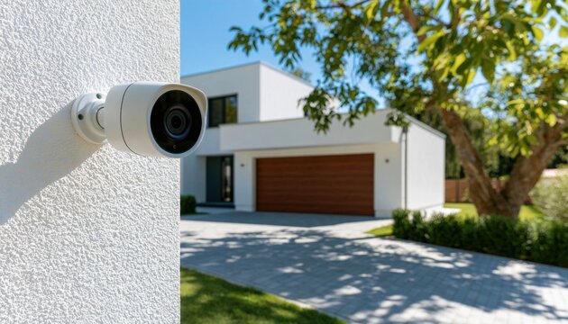 White security camera mounted on a house wall with a view of a home and driveway