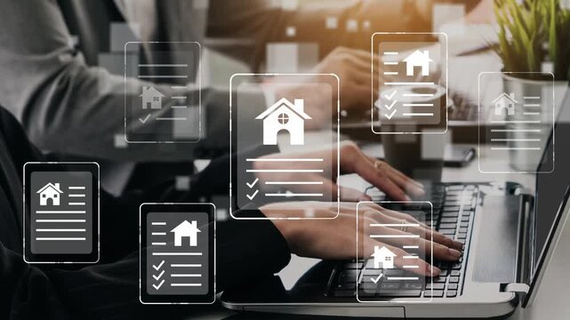 Business professionals working with real estate documents digitally on laptops, showcasing technology in modern office environment with overlay visuals. Gluon.
