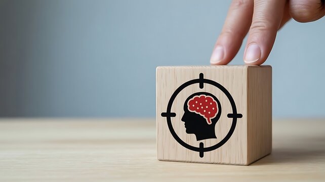 Mental health and cognitive focus concept with brain icon in target symbol on wooden cube