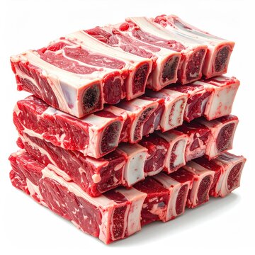 Stacked raw beef ribs with white bone against a white background