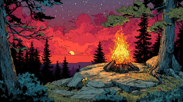 Campfire burning at night in a forest under a starry sky with campfire outdoors wilderness