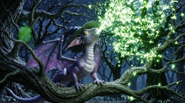 Cute Purple Dragon Wearing Witch Hat Breathes Magic Sparks - A charming purple dragon, adorned with a witch hat, sits on a gnarled tree branch and exhales a vibrant stream of green magic sparks.