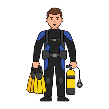 Male scuba diver wearing wetsuit holding yellow fins and oxygen tank