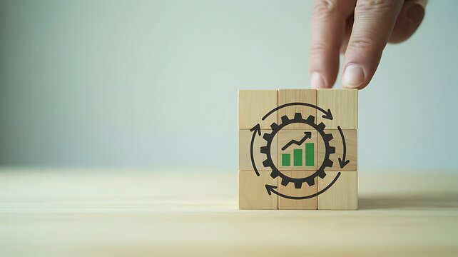 Hand arranging wooden blocks with business growth graph and gear process icon for continuous improvement strategy