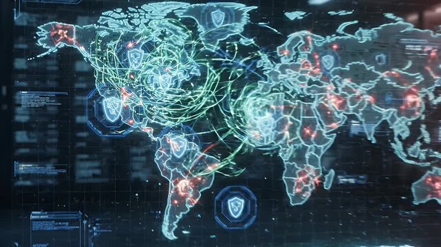 Digital World Map Cyber Warfare Information Flow - A glowing digital world map displays continents outlined in neon blue, with shield icons representing security points.