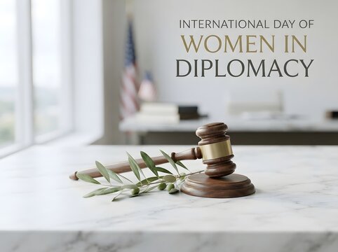 Wooden gavel with olive branch for international day of women in diplomacy celebration