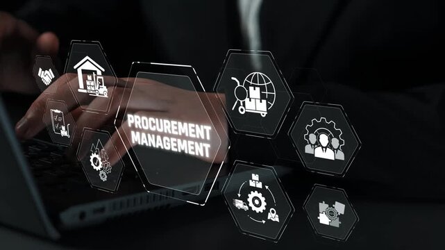 Professional Hands Engaged in Procurement Management with Digital Icons Illustrating Supply Chain and Business Processes Sigmoid
