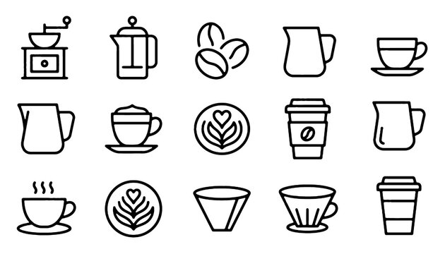 Coffee Brewing Icon Set. Coffee Grinder, Cups, Beans, French Press, Filter and Latte Art. Vector Illustration.