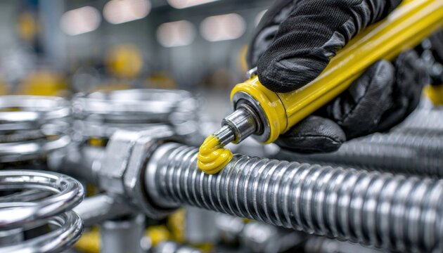Worker wearing a black glove applies yellow grease from a tube onto large metallic industrial springs and threaded rods in a factory setting