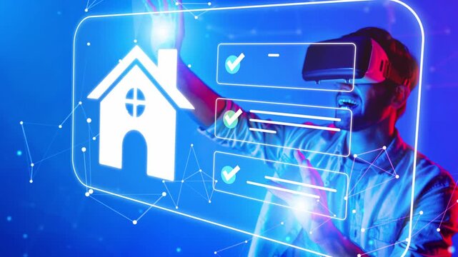 Young man using virtual reality headset interacts with virtual home interface surrounded by high-tech graphics in a vibrant blue background Gluon.