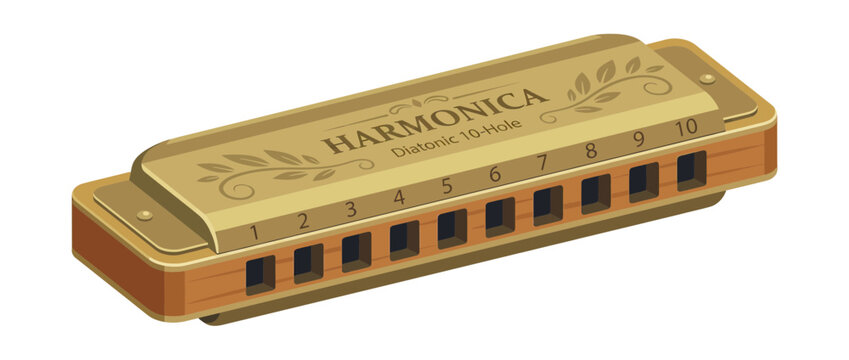 Golden Harmonica with Decorative Engravings Isolated