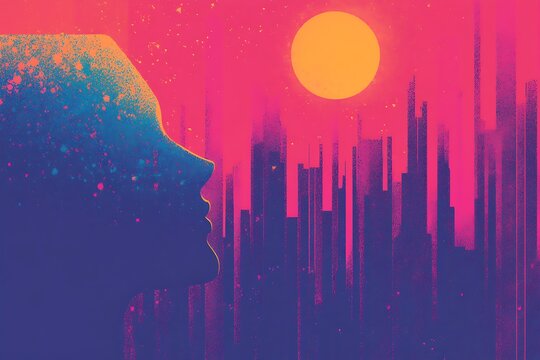 Silhouette contemplating sunset over cityscape