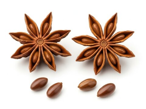 Whole star anise pods and seeds displayed on a white background