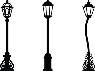 Obraz premium Vintage Street Lamp Silhouette Icon Set Featuring Classic Ornate Lamppost Designs for Retro Cityscapes, Park Backgrounds, and Urban Architecture Graphic Elements