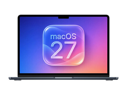 macOS 27 App Icon Displayed on MacBook Screen with Blue Purple Pink Gradient Isolated on White Background