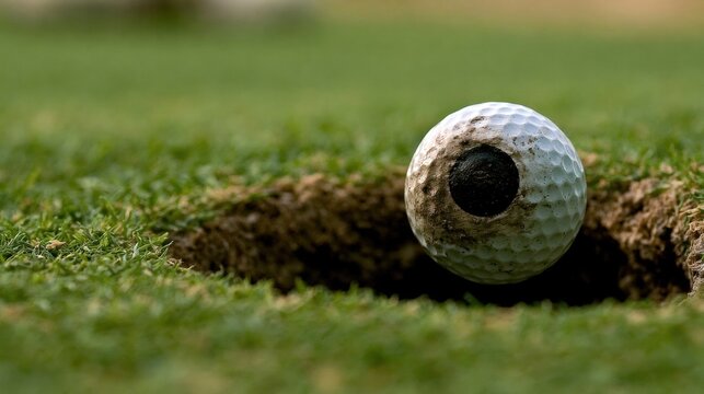 A golf ball on the edge of a hole on a green course