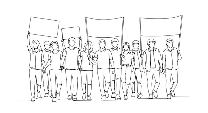 Protestors Marching with Blank Signs and Banners, Social Activism Line Art Illustration