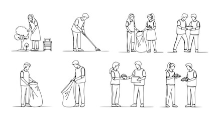 Obraz premium Community Service: Volunteering, Cleaning, and Helping Hands - Line Art Illustrations