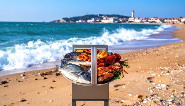 Seafood platter on a stand, beach background, waves, town in distance, bright sunlight