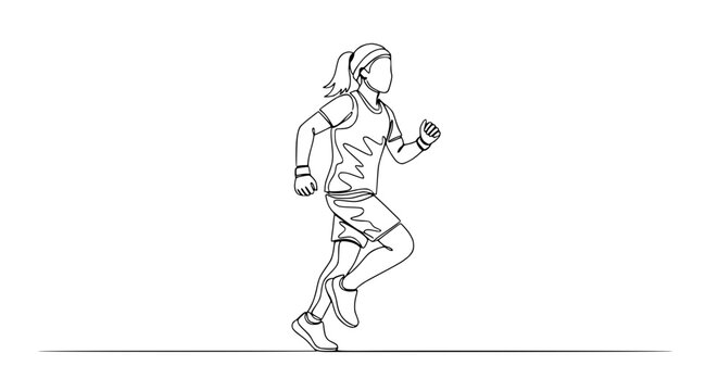 Continuous line drawing of a woman running, athletic, healthy lifestyle, fitness, white background