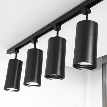 Modern black track lighting with adjustable cylindrical spotlights on ceiling