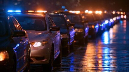 Fototapeta premium Police cars parked in formation with flashing lights on urban street at night with response scene