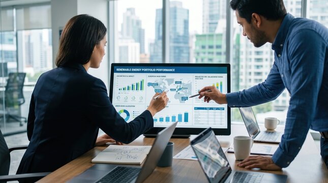 Business team analyzing renewable energy portfolio performance on large screen monitor with charts and maps, sustainability and green power investment strategy discussion in cor...