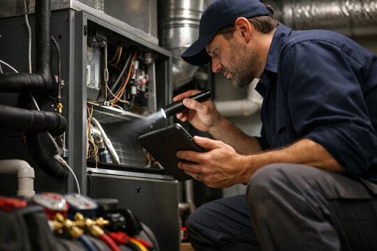 HVAC technician inspects residential heat pump air handler, reviewing diagnostics during preventive maintenance, supporting home comfort, energy efficiency and professional repair services with copy s