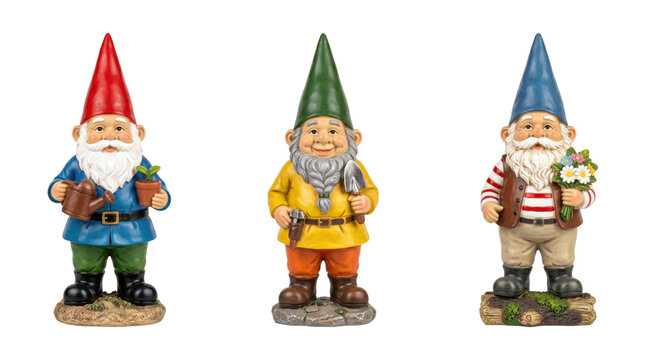 Row of three garden gnomes isolated on transparent background.