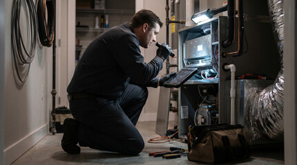 Fototapeta premium HVAC technician inspects residential heat pump air handler, reviewing diagnostics during preventive maintenance, supporting home comfort, energy efficiency and professional repair services with copy s