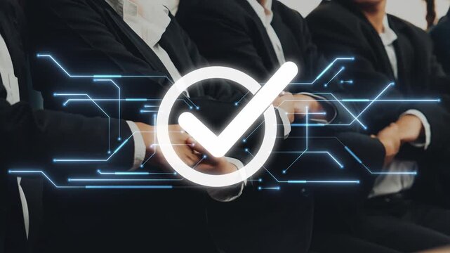 A group of professionals in formal attire symbolizes teamwork and success, complemented by a graphic check mark representing agreement and digital innovation. Raster