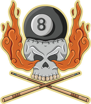 A skull with the number 8 ball on its forehead, surrounded by flames, with crossed billiard cues below.