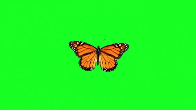 Realistic orange butterfly flies by against a green screen.