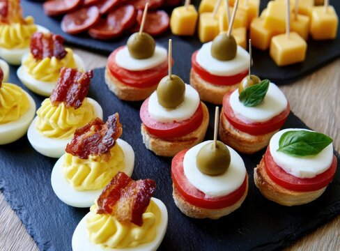 Appetizer spread featuring deviled eggs with bacon and caprese bites on slate platter
