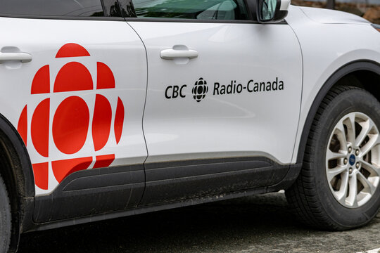 Gaspesie, Quebec, 06 June 2026 : A white vehicle displays the CBC and Radio-Canada logos on its side door.